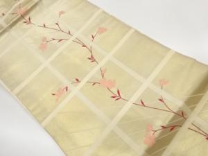 格子に桜・斜線模様織出し名古屋帯